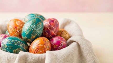 A basket of painted eggs with a white cloth underneath. The eggs are of different colors and sizes, and they are arranged in a way that they look like a colorful bouquet
