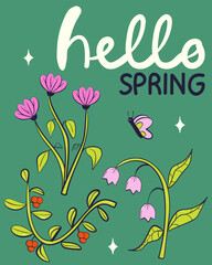 Hello spring greeting card invitation with bright flowers. Floral springtime hand drawn illustration.