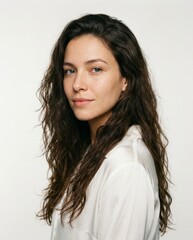 A woman with long hair is wearing a white shirt. She has a smile on her face. Concept of happiness and positivity