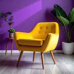Vibrant yellow chair sits before a purple wall, plants beside it