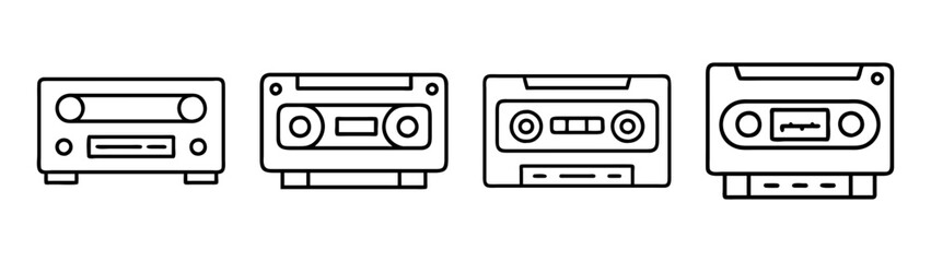 Obraz premium Illustration of retro cassette tape player collection vintage audio music technology device line art