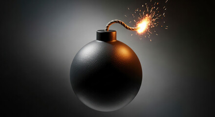 Black bomb with a lit fuse and sparks, suspended in mid-air against a dark background, symbolizing danger and urgency in a dramatic setting