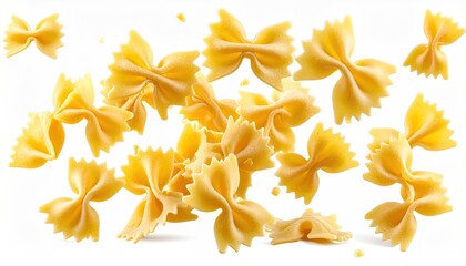 Golden, dry bowtie pasta shapes scattered on white background