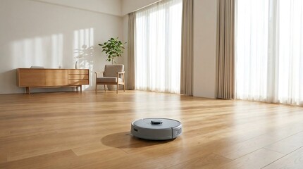 Gray robot vacuum cleaner operating on a wooden floor in a bright, modern living room. Smart home technology for convenient house cleaning and automation.