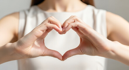 Woman forming heart shape with hands, expressing self-love and positivity, showcasing personal empowerment and emotional well-being in a serene environment