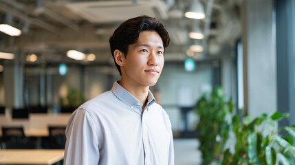 Young Japanese businessman standing confidently in modern office interior