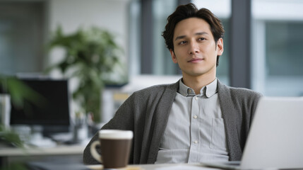 Japanese professional relaxing with coffee while working on laptop
