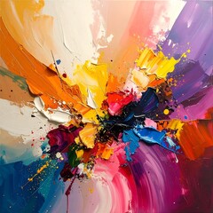 A dynamic, textured abstract painting erupting with vibrant colors