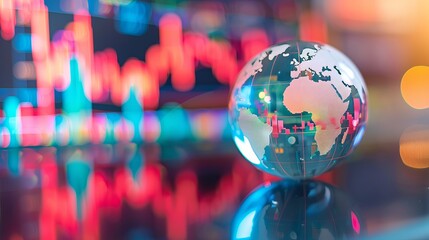 Rotating glass globe on digital surface showcasing global market data and financial trends