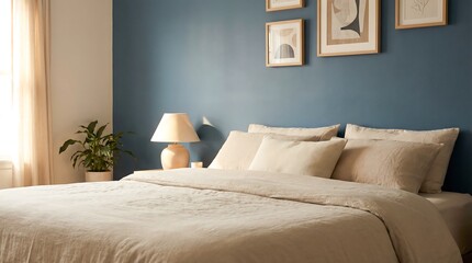 Cozy bedroom with bed with neutral bedding against a blue wall. Comfortable home interior with modern furniture and decor for relaxation.