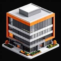 Isometric view of a modern office building with orange accents