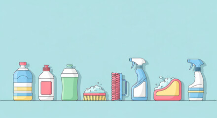Colorful cleaning supplies arranged on a light blue background, featuring bottles, brushes, and sprays, showcasing various cleaning products for household use and maintenance