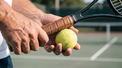 Caucasian man holding tennis racket and ball on court. Adult male hands with sports equipment for active recreation and healthy lifestyle.