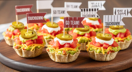 Colorful mini taco cups with toppings and festive flags, perfect for a Super Bowl watch party, showcasing delicious game day snacks
