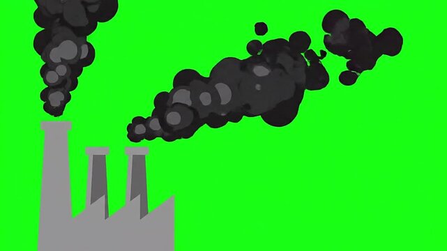 A gray factory emits black smoke on a green background