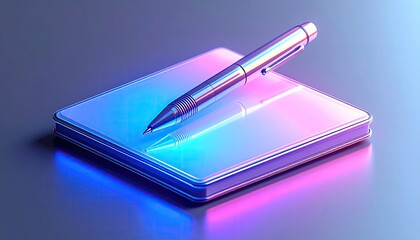 Pen resting on a notebook, lit by vibrant, colorful neon lights