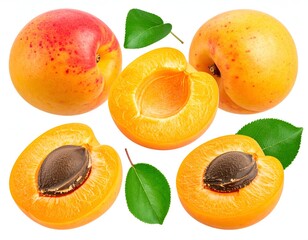 Ripe stone fruits in various views, with leaves and a pit exposed