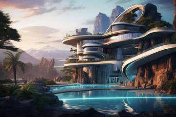 Modern luxury villa built into a mountain featuring a glowing infinity swimming pool