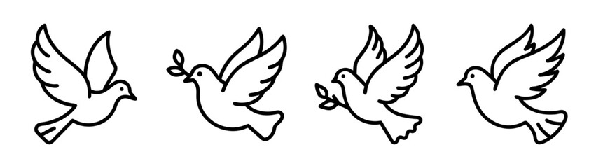 Fototapeta premium Dove drawing vector illustration set, peace dove, flying dove, dove with olive branch drawing