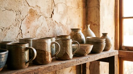 Rustic clay pottery on wooden shelf against old textured wall. Handmade ceramic mugs, bowls, and vases for home decor and artisan craft concept.