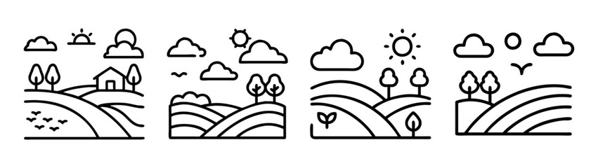 Fototapeta premium Simple landscape drawing illustration: hills, trees, clouds, sun, nature, farm, fields, scenic view
