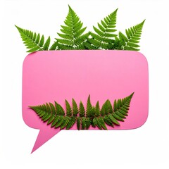 Pink speech bubble adorned with vibrant green fern fronds on a white backdrop