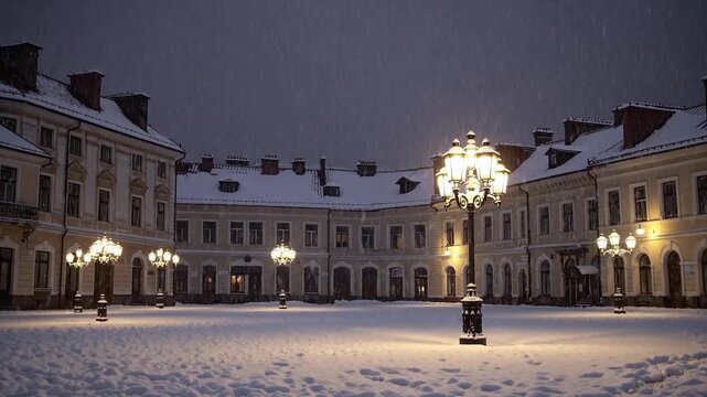 snowcovered historic courtyard lit by lampposts, gentle snowfall and warm golden light on palace facades, empty cobblestone square under cold blue sky, tranquil cinematic atmosphere for seasonal