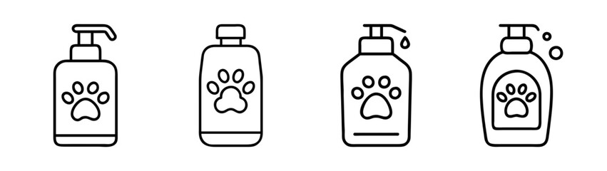 Dog shampoo bottles collection vector illustration pet grooming supplies outline drawing design set style