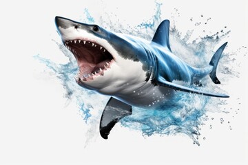 Great white shark jumping out of ocean water with mouth open showing sharp teeth