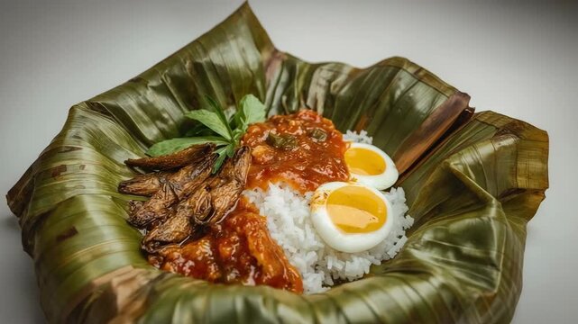 Nasi Lemak with Anchovies, Spicy Sambal, and Boiled Eggs served on Banana Leaf