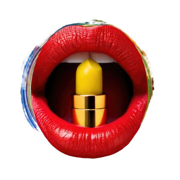 Vivid red lips holding a golden yellow lipstick