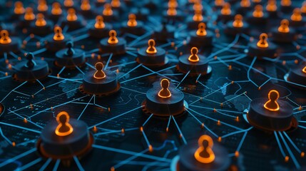 Futuristic visualization of people connections with glowing lines in dark blue and orange tones