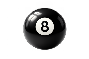 Black billiard 8 ball with a glossy finish showing the number eight on a white circle, transparent background