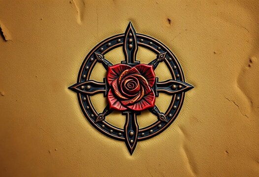 Ancient symbols of rose and cross intertwined, representing spiritual wisdom, alchemy, and esoteric knowledge ,  initiation,  spirituality