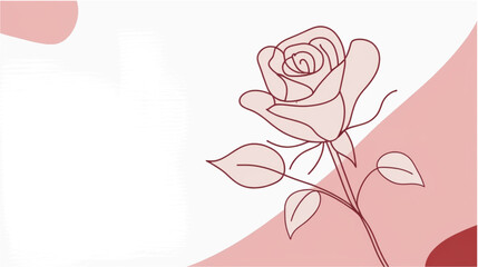 An artistic minimalist illustration featuring a line-art rose centered against a split background of crisp white and soft dusty rose. The design incorporates a textured, diagonal brushstroke 