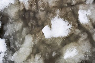 Cold winter scene featuring white snow and translucent ice melting into a dark water puddle during a typical seasonal thaw