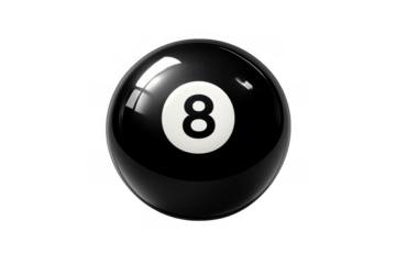 Black eight ball isolated on transparent background symbolizing fate, fortune, decision, and game play