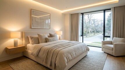Modern luxurious bedroom with natural light and panoramic window, designed for relaxation and comfort in a contemporary home.