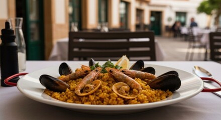 Seafood paella dish on a patio table