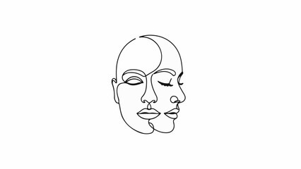 Abstract minimalist line art depicting two intertwined faces in profile, symbolizing duality and connection.