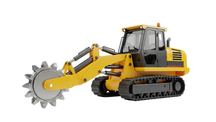 Yellow Excavator with Rotary Cutting Wheel Attachment