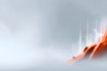Minimal double exposure illustration of urban skyline and rising market arrows, clean white background, corporate finance branding, copy space center