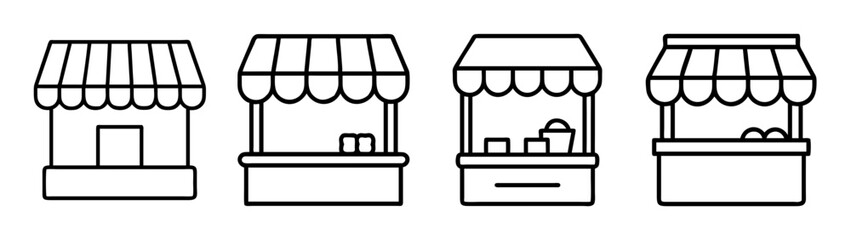 Vector illustration of market stalls, street vendors, and outdoor kiosks for business and trade