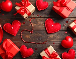 Valentine's Day. presents, heart felt and decor on wooden background