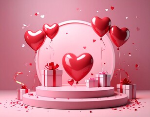Happy valentines day podium decoration with heart shape balloon, gift box, confetti, 3D rendering illustration
