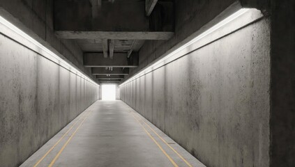 Fototapeta premium Long, concrete tunnel with bright end, overhead lights