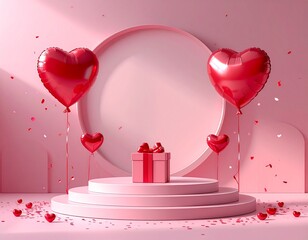 Happy valentines day podium decoration with heart shape balloon, gift box, confetti, 3D rendering illustration
