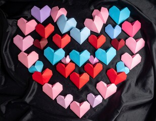 Happy Valentine's Day banner. Holiday background design with big heart made of pink, red and blue Origami Hearts on black fabric background.
