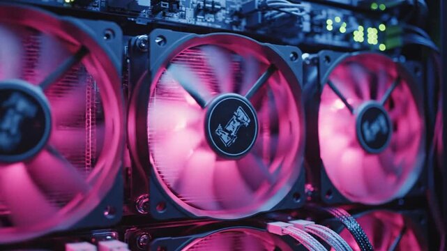 Close Up of Pink Illuminated Computer Cooling Fans in a Data Center 4K 10s