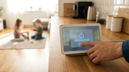 Man using a smart home display to control devices in a modern kitchen while children play in the background. Family life with smart technology.
